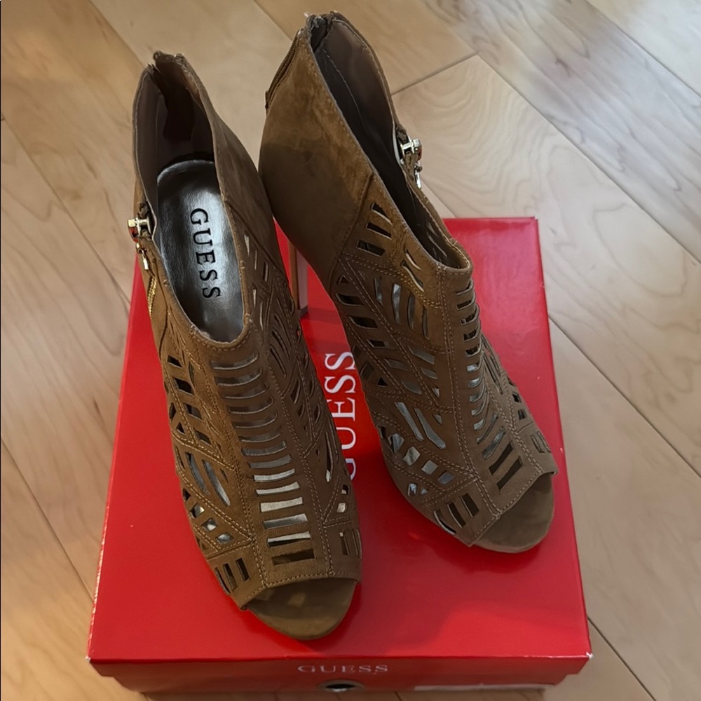 Guess Tan Laser-Cut Peep-Toe Heels